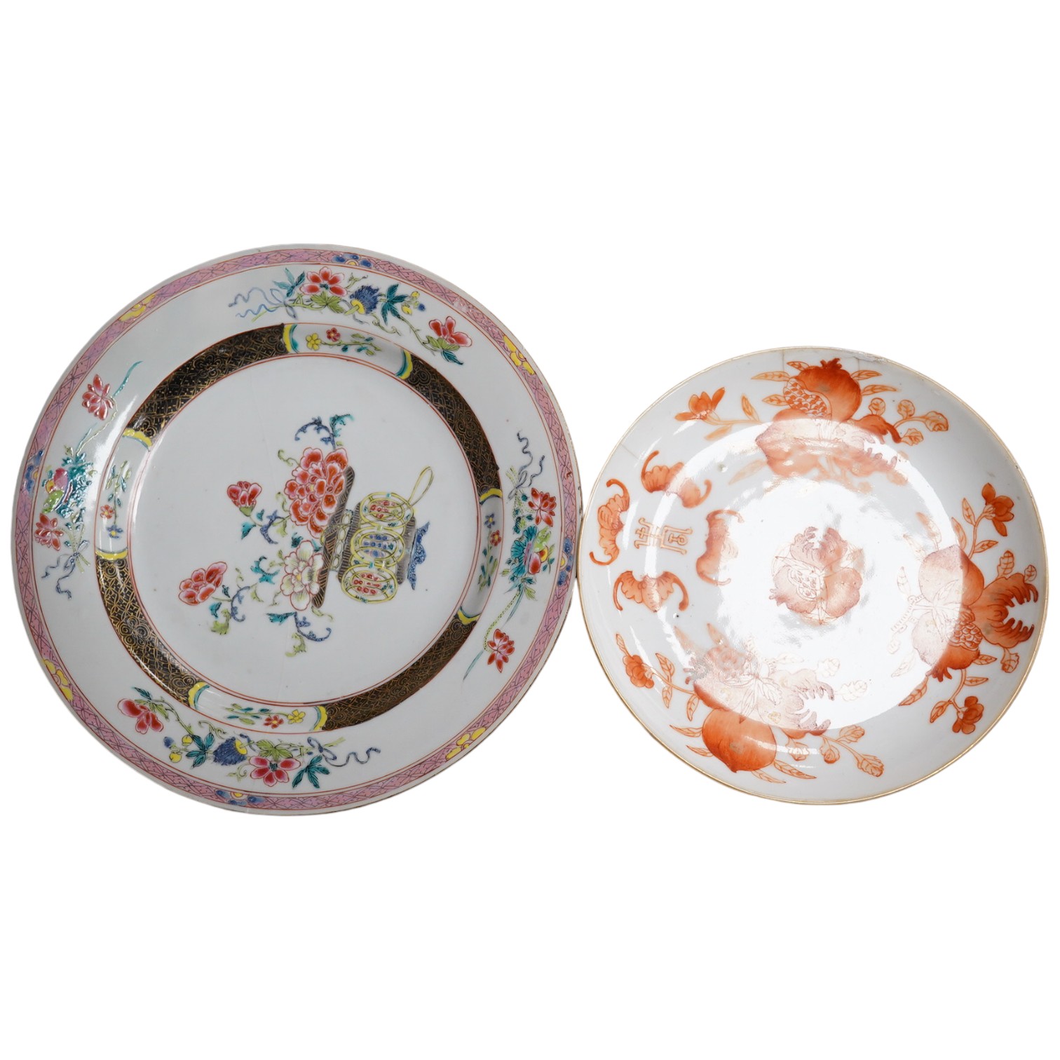 A Chinese iron-red ‘sanduo’ dish, 19th century and a Chinese famille rose plate, Yongzheng. famille rose plate 22.5cm diameter. Condition - poor to fair